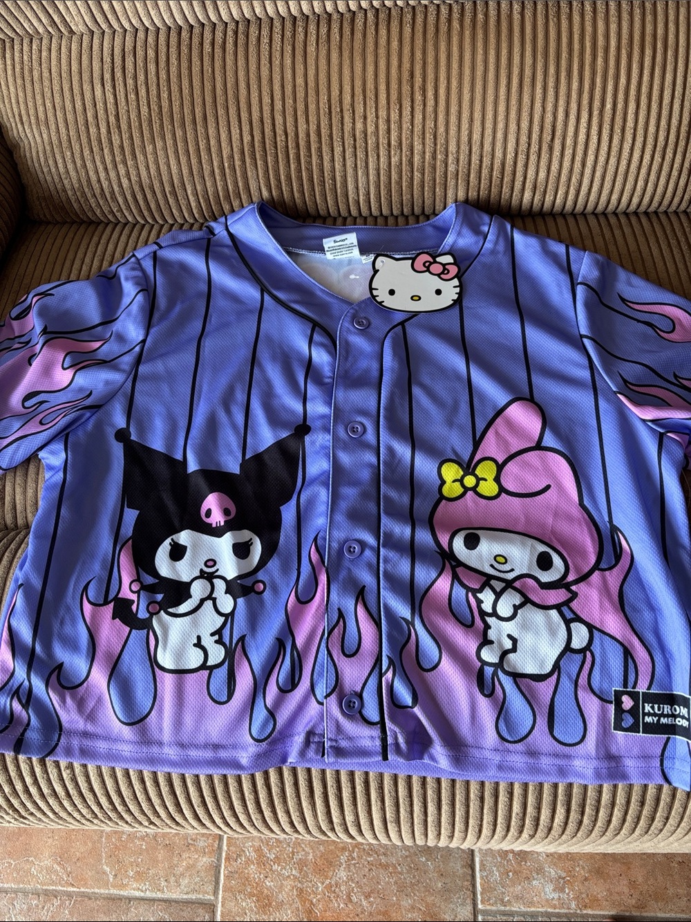 Hello Kitty x My Melody Purple Button-Front Baseball Shirt